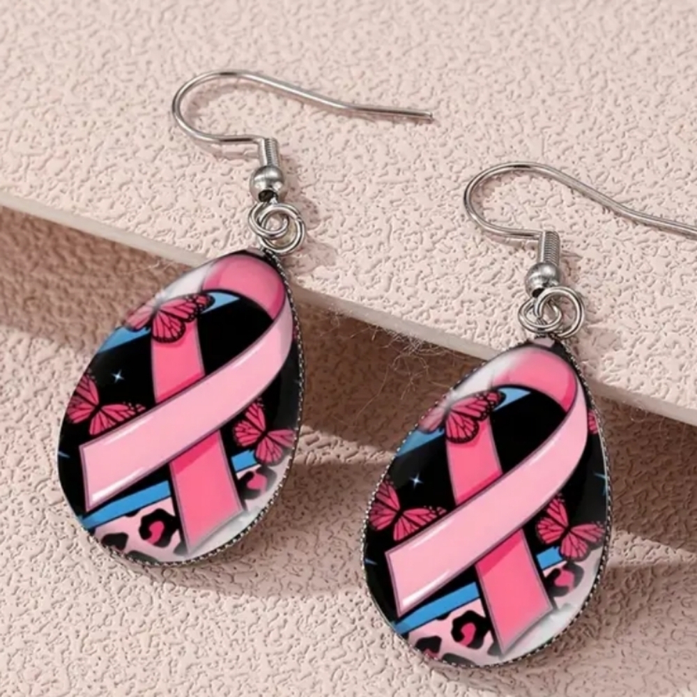 2/$30 Or 3/$35 Pink Ribbon‎ Butterfly Crystal Glass Earrings (#071)